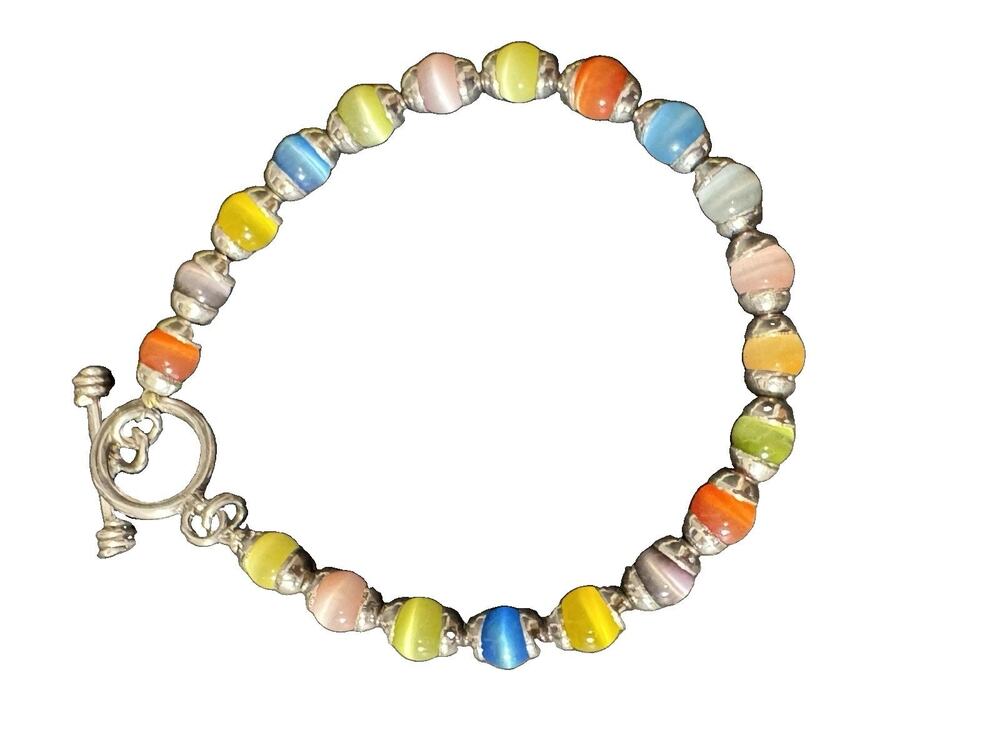 Vintage 925 Sterling Silver Multicolor Cat's Eye Glass Bead Toggle Bracelet 7.75